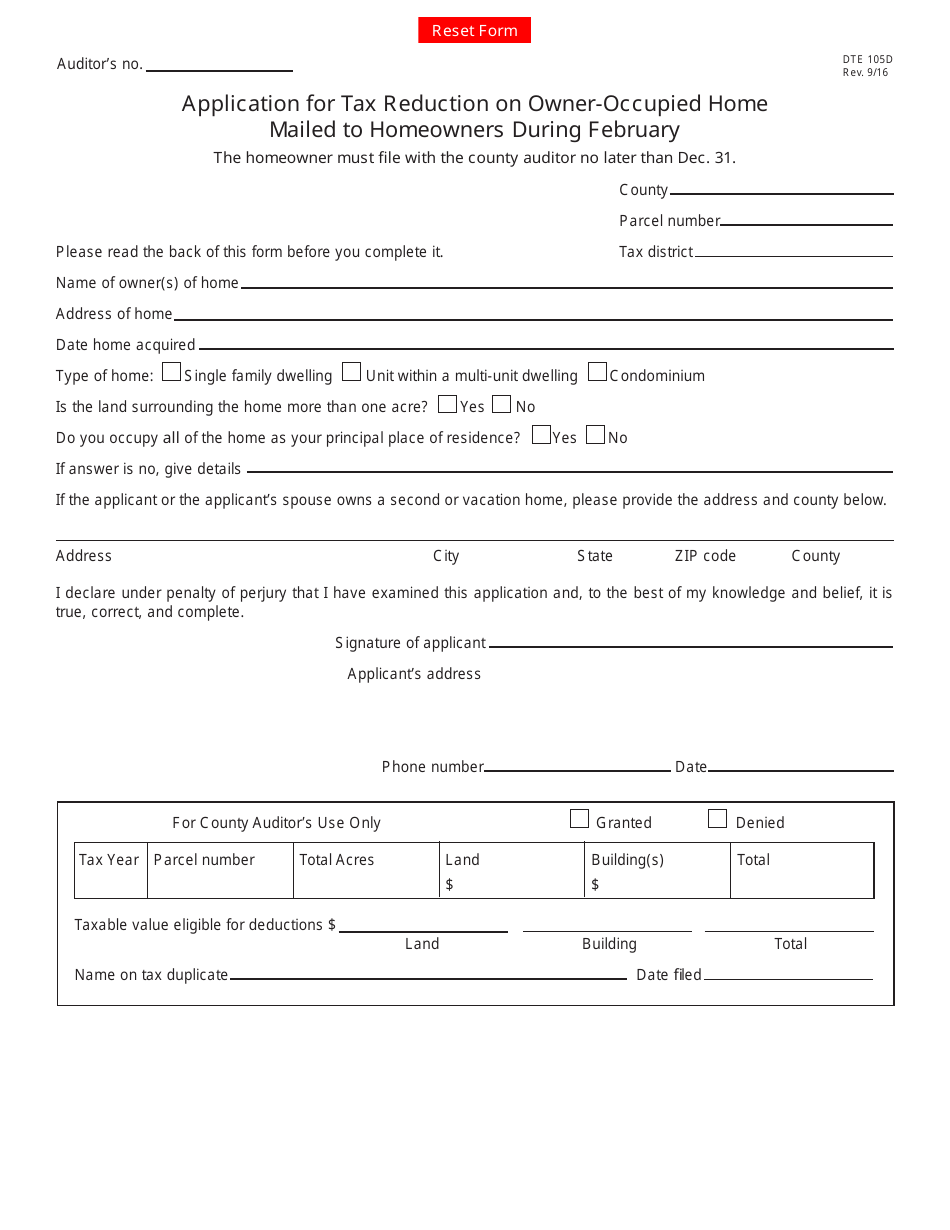 Form DTE105D Application for Tax Reduction on Owner-Occupied Home Mailed to Homeowners During February - Ohio, Page 1