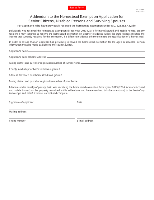 Form DTE105G Addendum to the Homestead Exemption Application for Senior Citizens, Disabled Persons and Surviving Spouses - Ohio