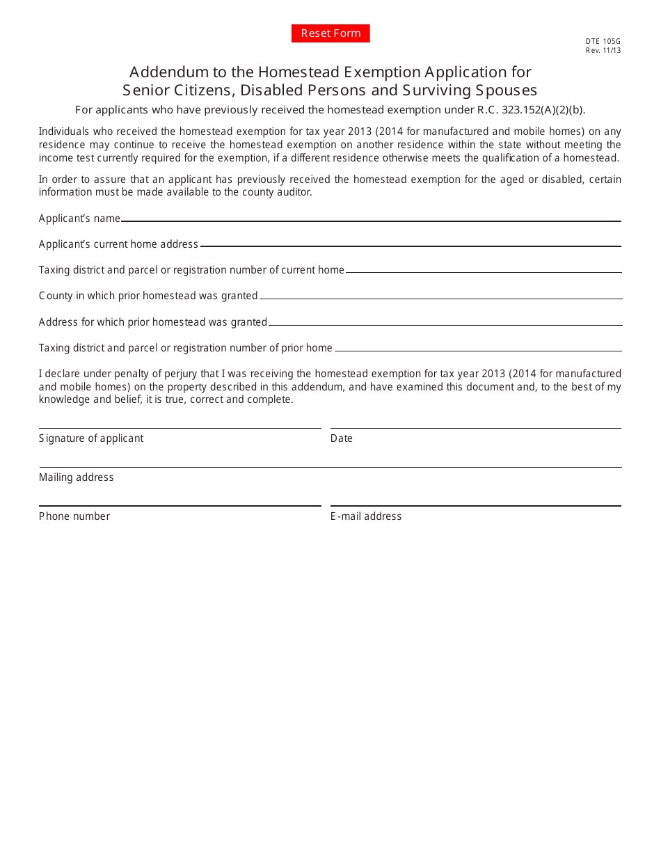 Form DTE105G Addendum to the Homestead Exemption Application for Senior Citizens, Disabled Persons and Surviving Spouses - Ohio, Page 1