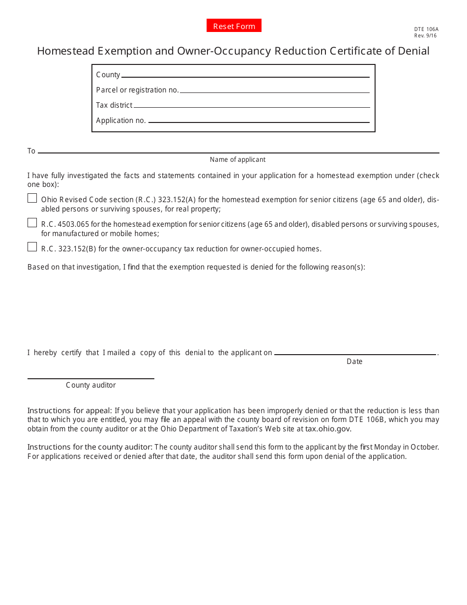 Form DTE106A Homestead Exemption and Owner-Occupancy Reduction Certifi Cate of Denial - Ohio, Page 1