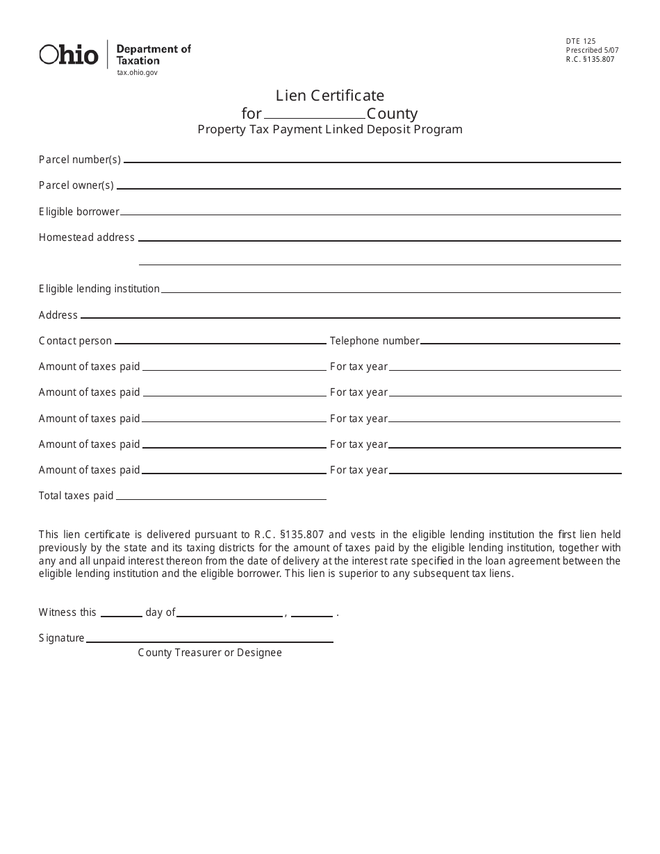 Form DTE125 Lien Certificate for Property Tax Payment Linked Deposit Program - Ohio, Page 1