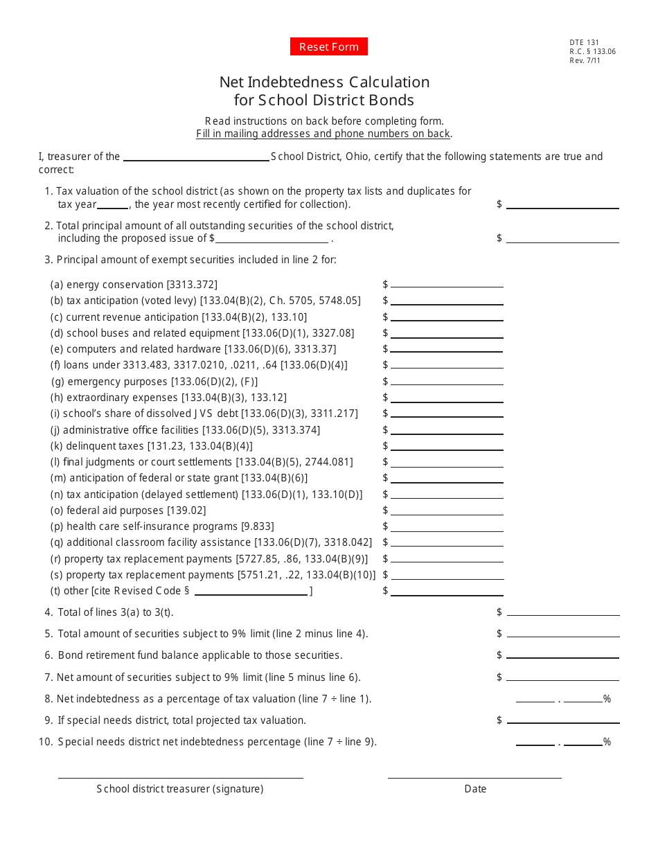 Form DTE131 Net Indebtedness Calculation for School District Bonds - Ohio, Page 1
