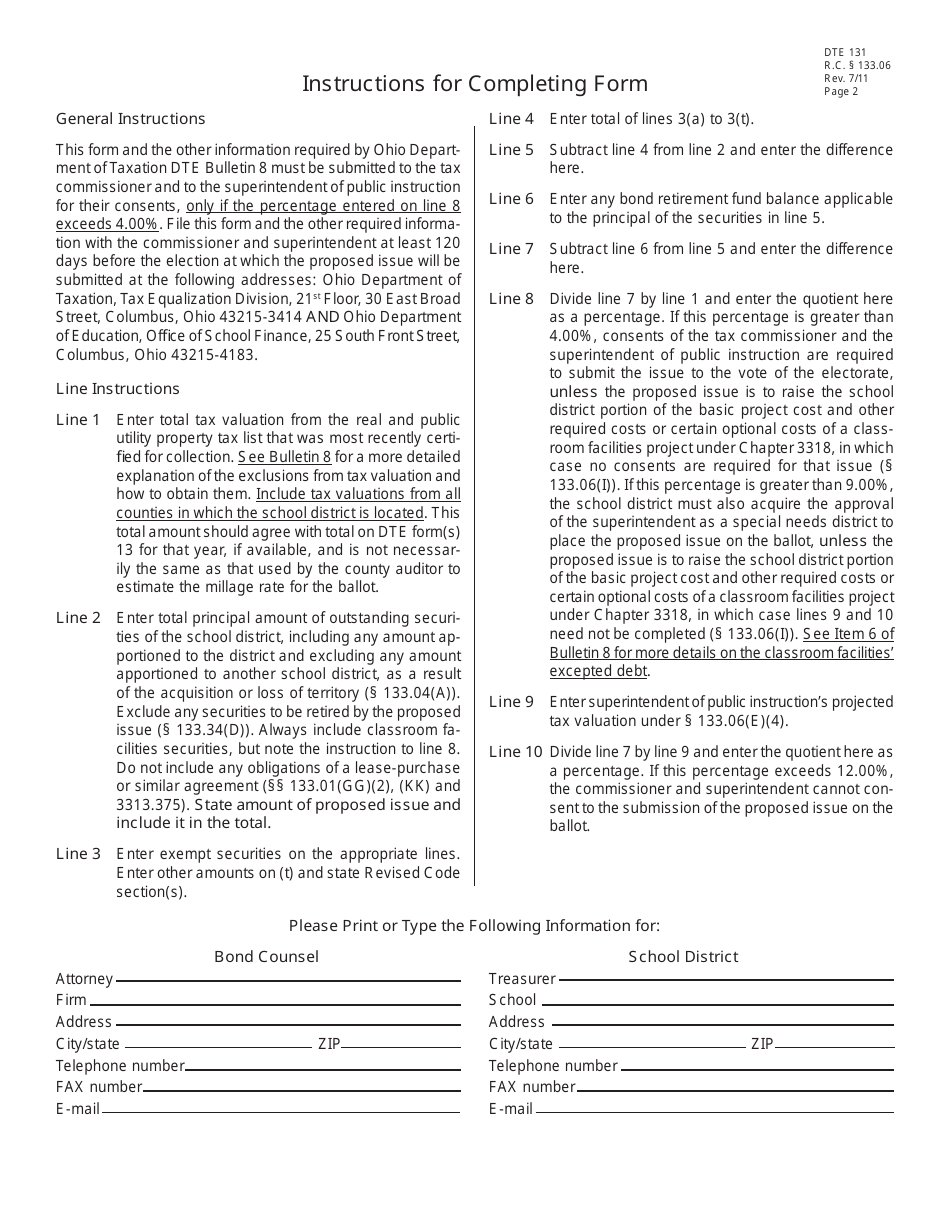 Form DTE131 Net Indebtedness Calculation for School District Bonds - Ohio, Page 2