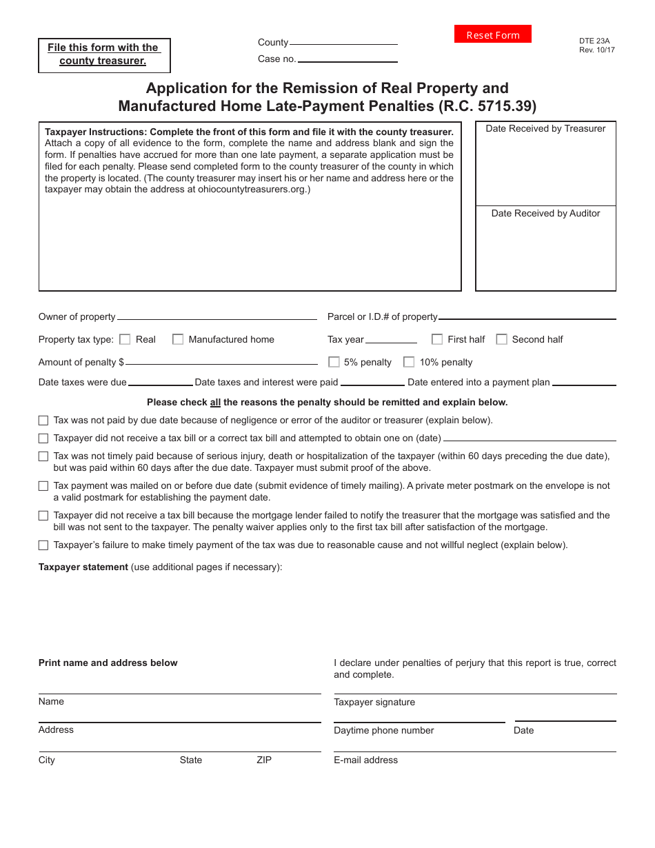 Form DTE23A Application for the Remission of Real Property and Manufactured Home Late-Payment Penalties (R.c. 5715.39) - Ohio, Page 1