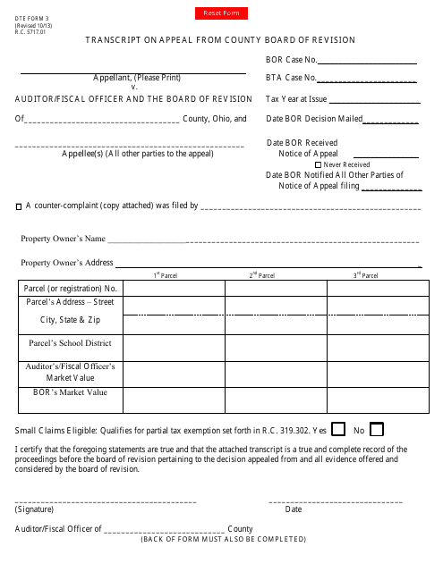 Form DTE3 Transcript on Appeal From County Board of Revision - Ohio
