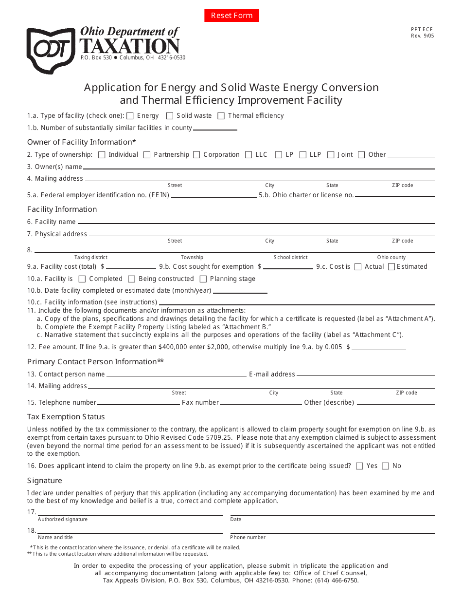 Form PPT ECF Application for Energy and Solid Waste Energy Conversion and Thermal Efficiency Improvement Facility - Ohio, Page 1
