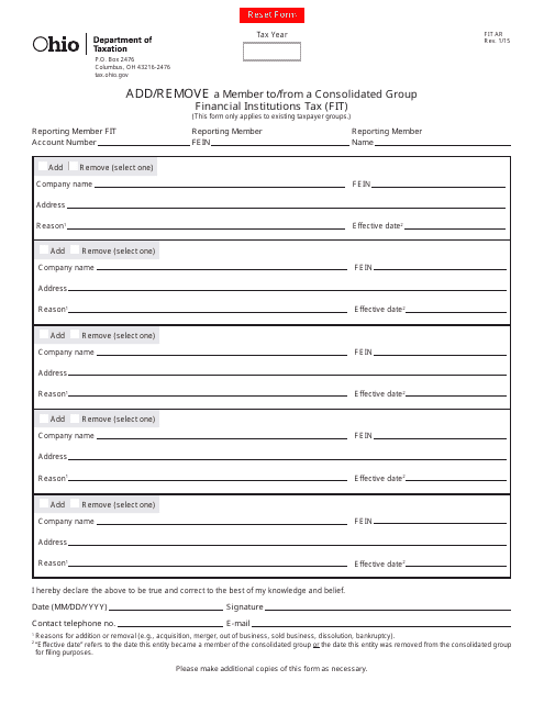 Form FIT AR Add/Remove a Member to/From a Consolidated Group Financial Institutions Tax (Fit) - Ohio