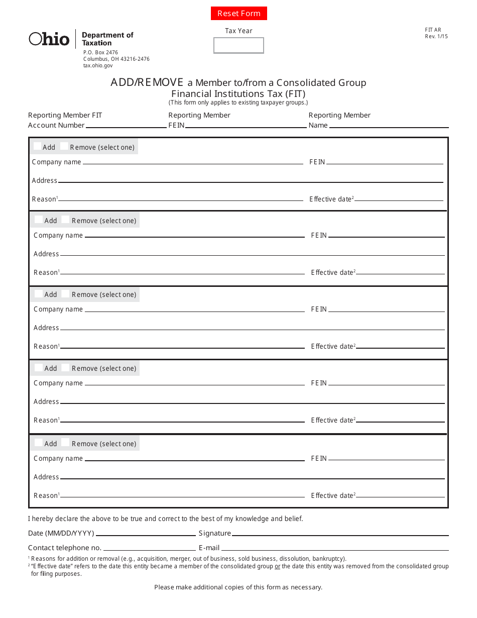 Form FIT AR Add / Remove a Member to / From a Consolidated Group Financial Institutions Tax (Fit) - Ohio, Page 1
