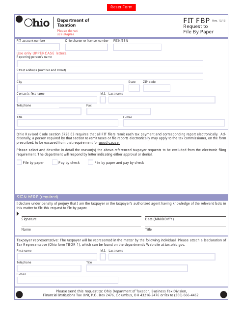 Form FIT FBP Request to File by Paper - Ohio