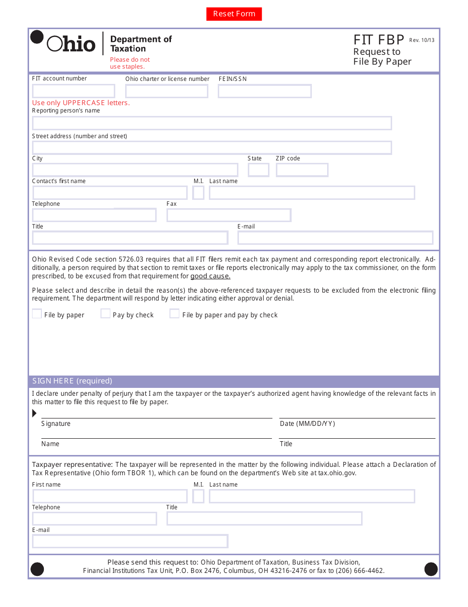 Form FIT FBP Request to File by Paper - Ohio, Page 1