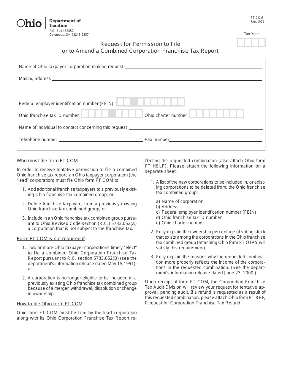 Form FT COM Request for Permission to File or to Amend a Combined Corporation Franchise Tax Report - Ohio, Page 1