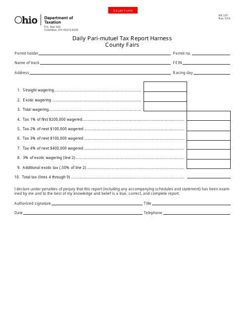 Form HR53T Daily Pari-Mutuel Tax Report Harness County Fairs - Ohio