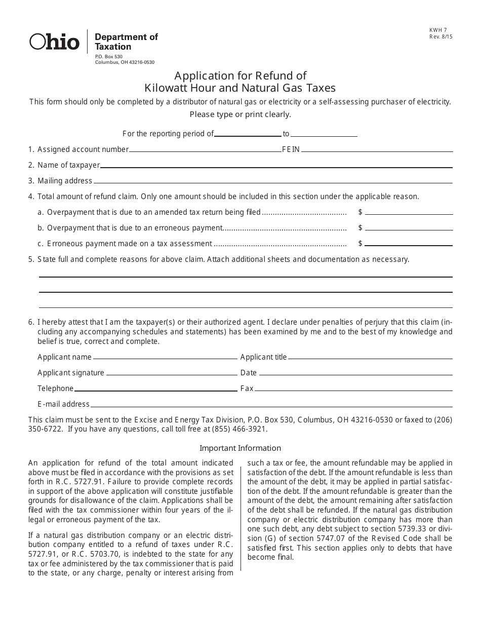 Form KWH7 Application for Refund of Kilowatt and Natural Gas Taxes - Ohio, Page 1