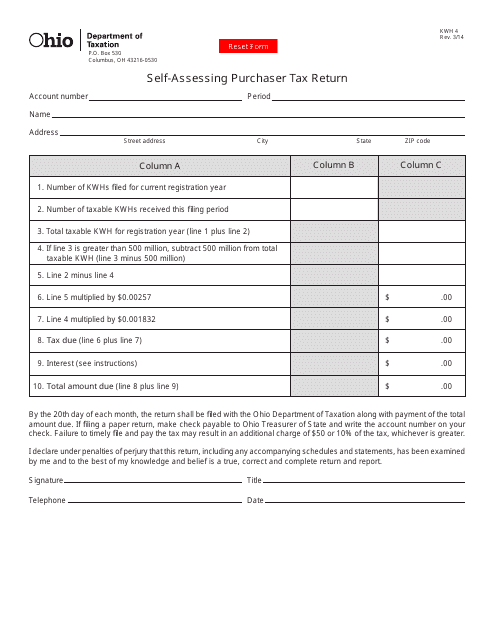 Form KWH4 Self-assessing Purchaser Tax Return - Ohio