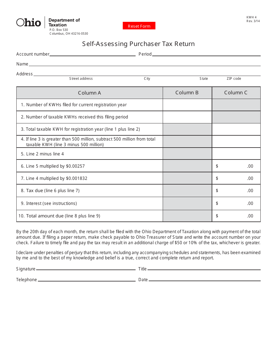 Form KWH4 Self-assessing Purchaser Tax Return - Ohio, Page 1