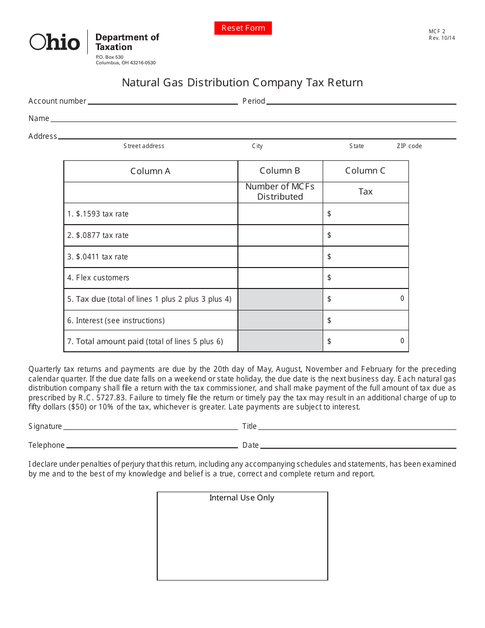 Form MCF2 Natural Gas Distribution Company Tax Return - Ohio, Page 1