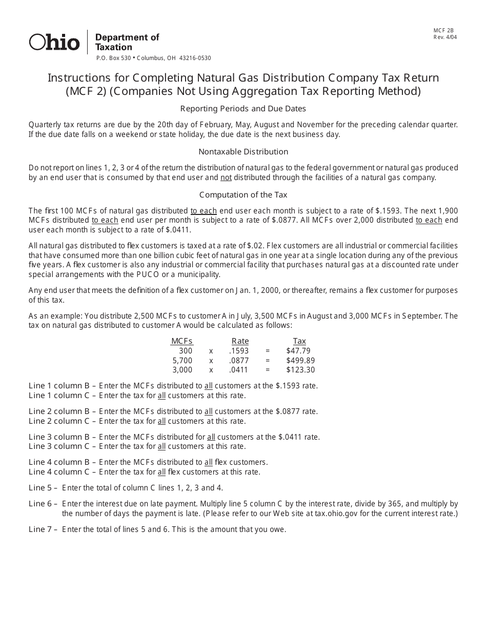 Instructions for Form MCF2 Natural Gas Distribution Company Tax Return for Companies Not Using Aggregation Tax Reporting Method - Ohio, Page 1