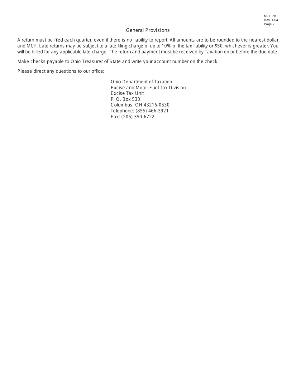 Instructions for Form MCF2 Natural Gas Distribution Company Tax Return for Companies Not Using Aggregation Tax Reporting Method - Ohio, Page 2
