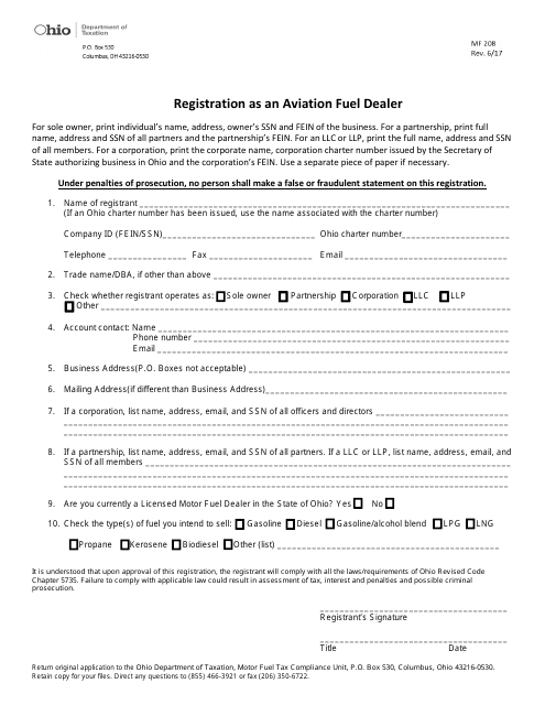 Form MF208 Registration as an Aviation Fuel Dealer - Ohio