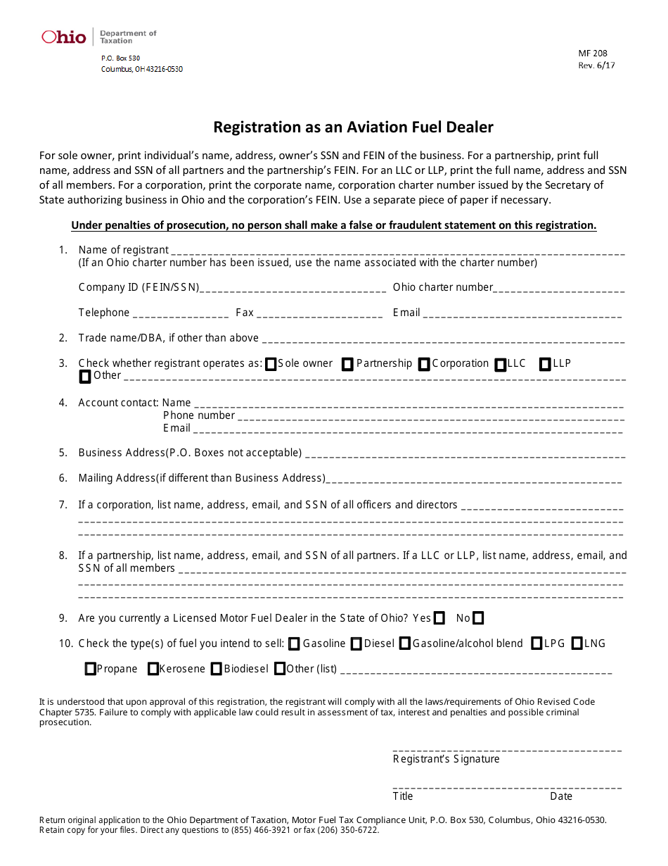 Form MF208 Registration as an Aviation Fuel Dealer - Ohio, Page 1