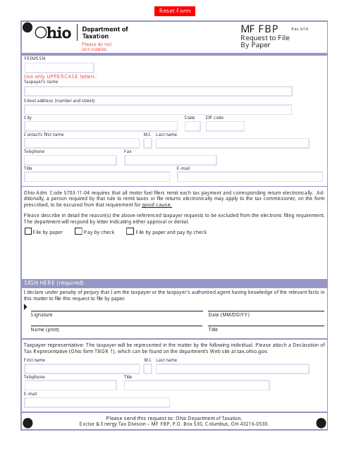 Form MF FBP Request to File by Paper - Ohio
