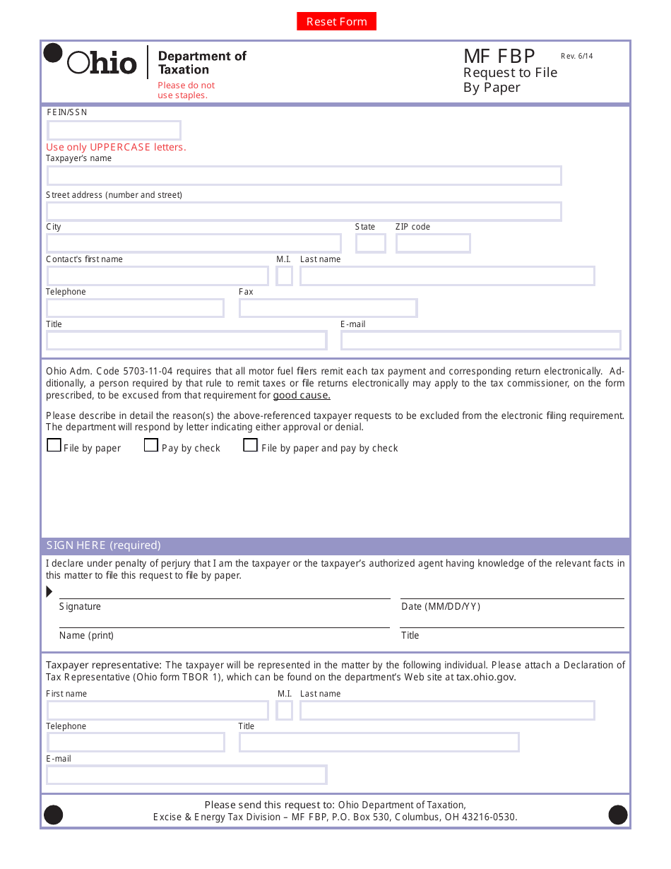 Form MF FBP Request to File by Paper - Ohio, Page 1