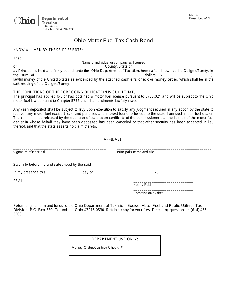 Form MVF6 Ohio Motor Fuel Tax Cash Bond - Ohio, Page 1