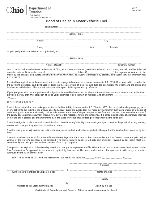 Form MVF7 Bond of Dealer in Motor Vehicle Fuel - Ohio