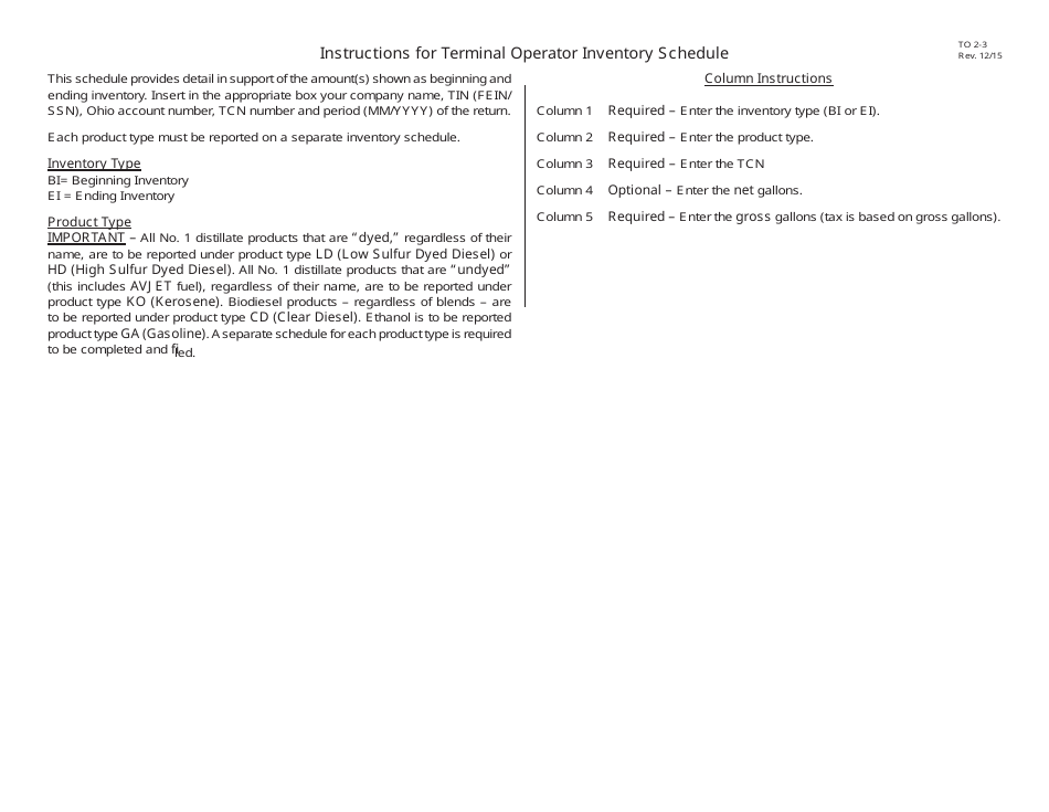 Instructions for Terminal Operator Inventory Schedule - Ohio, Page 1