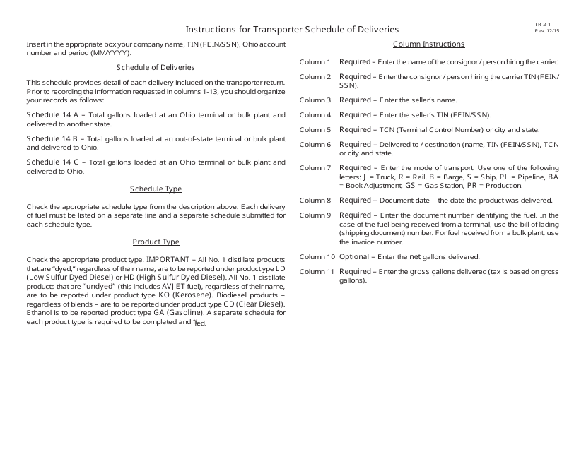 Instructions for Schedule 14A, 14B, 14C Transporter Schedule of Deliveries - Ohio