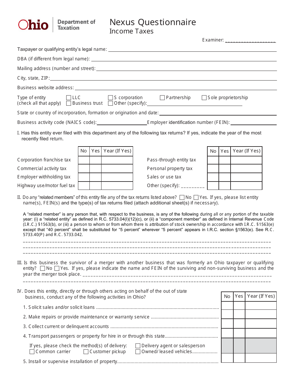 Nexus Questionnaire - Income Taxes - Ohio, Page 1