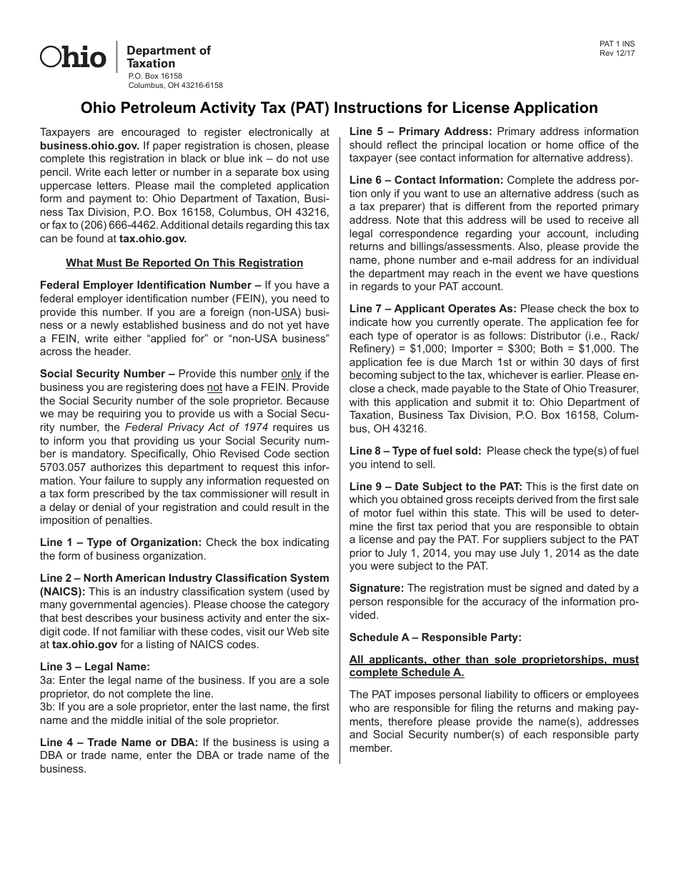 Instructions for Form PAT1 Petroleum Activity Tax Suppliers License Application - Ohio, Page 1