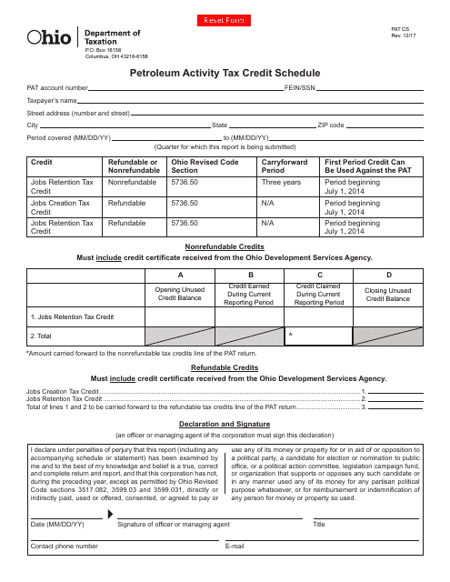 Form PAT CS Petroleum Activity Tax Credit Schedule - Ohio