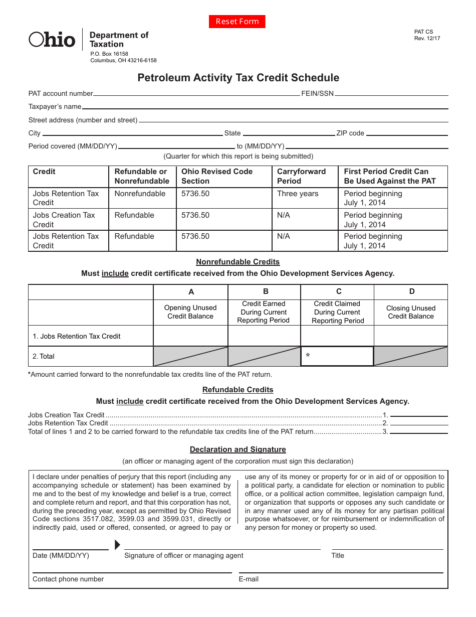 Form PAT CS Petroleum Activity Tax Credit Schedule - Ohio, Page 1