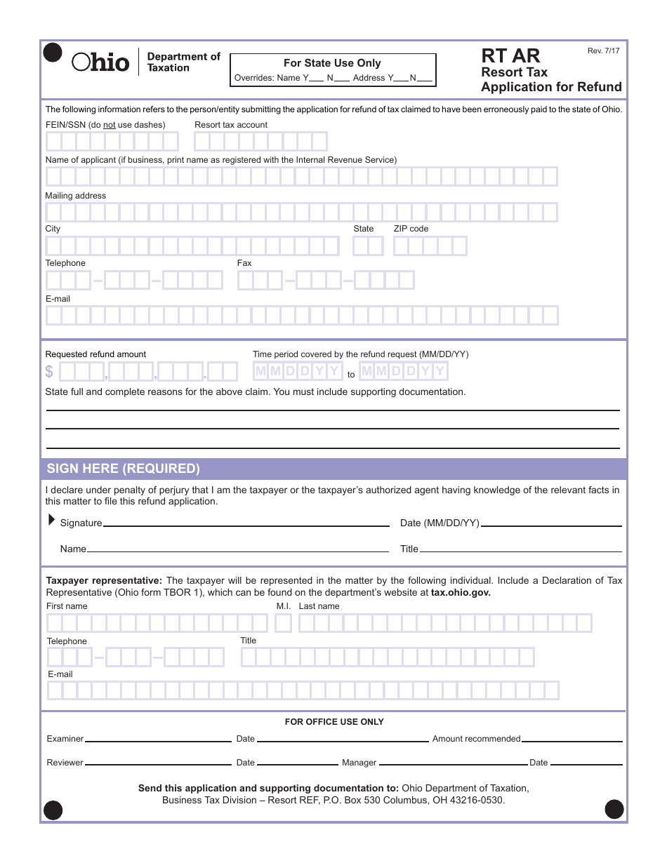 Form RT AR Application for Resort Tax Refund - Ohio, Page 1