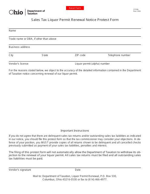 Form ST226 Sales Tax Liquor Permit Renewal Notice Protest Form - Ohio