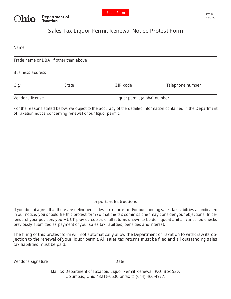 Form ST226 Sales Tax Liquor Permit Renewal Notice Protest Form - Ohio, Page 1