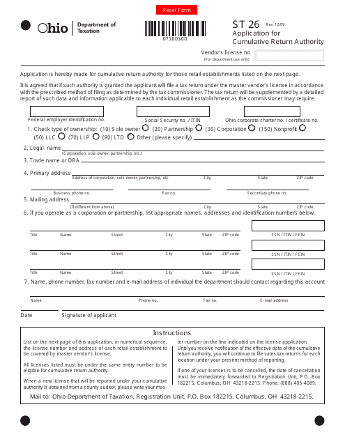Form ST26 Application for Cumulative Return Authority - Ohio