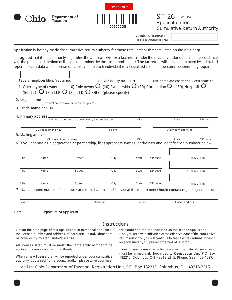 Form ST26 Application for Cumulative Return Authority - Ohio, Page 1
