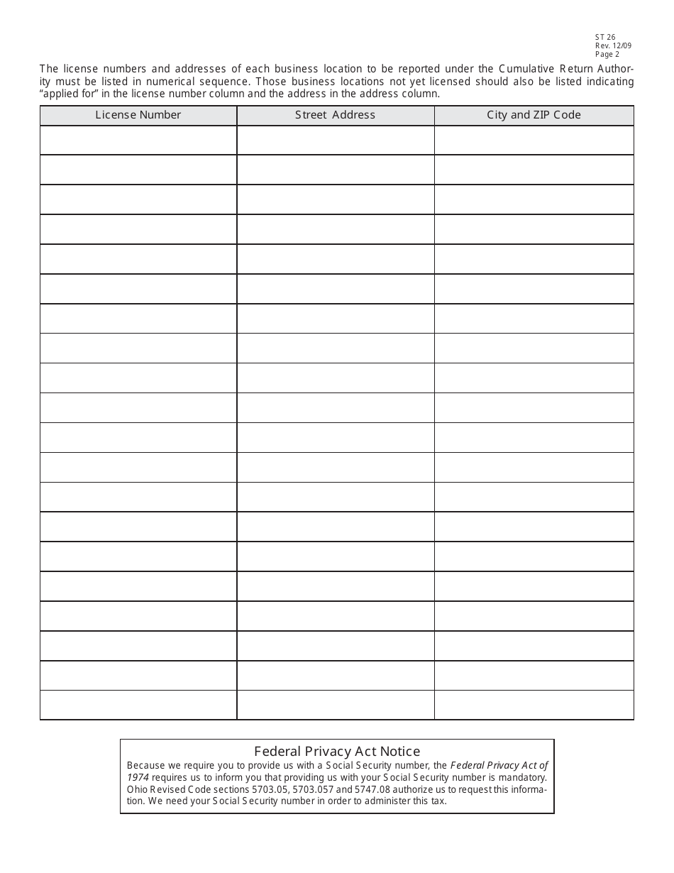 Form ST26 Application for Cumulative Return Authority - Ohio, Page 2