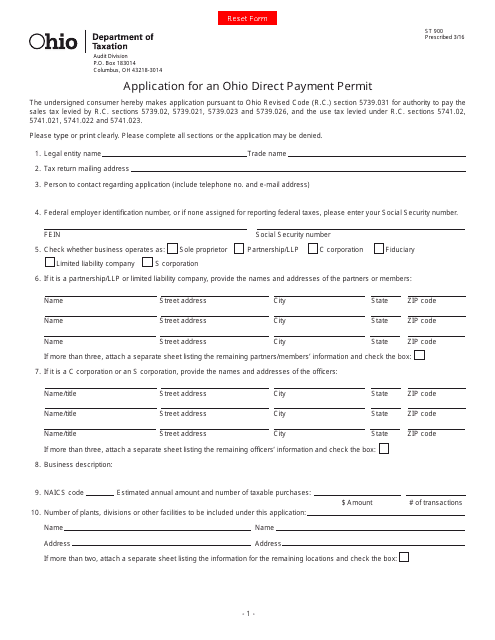 Form ST900 Application for an Ohio Direct Payment Permit - Ohio