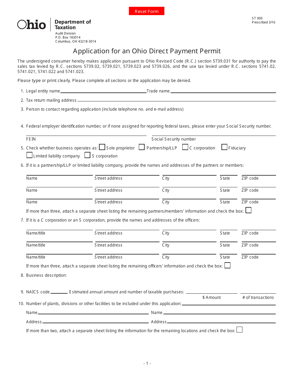 Form ST900 Application for an Ohio Direct Payment Permit - Ohio, Page 1