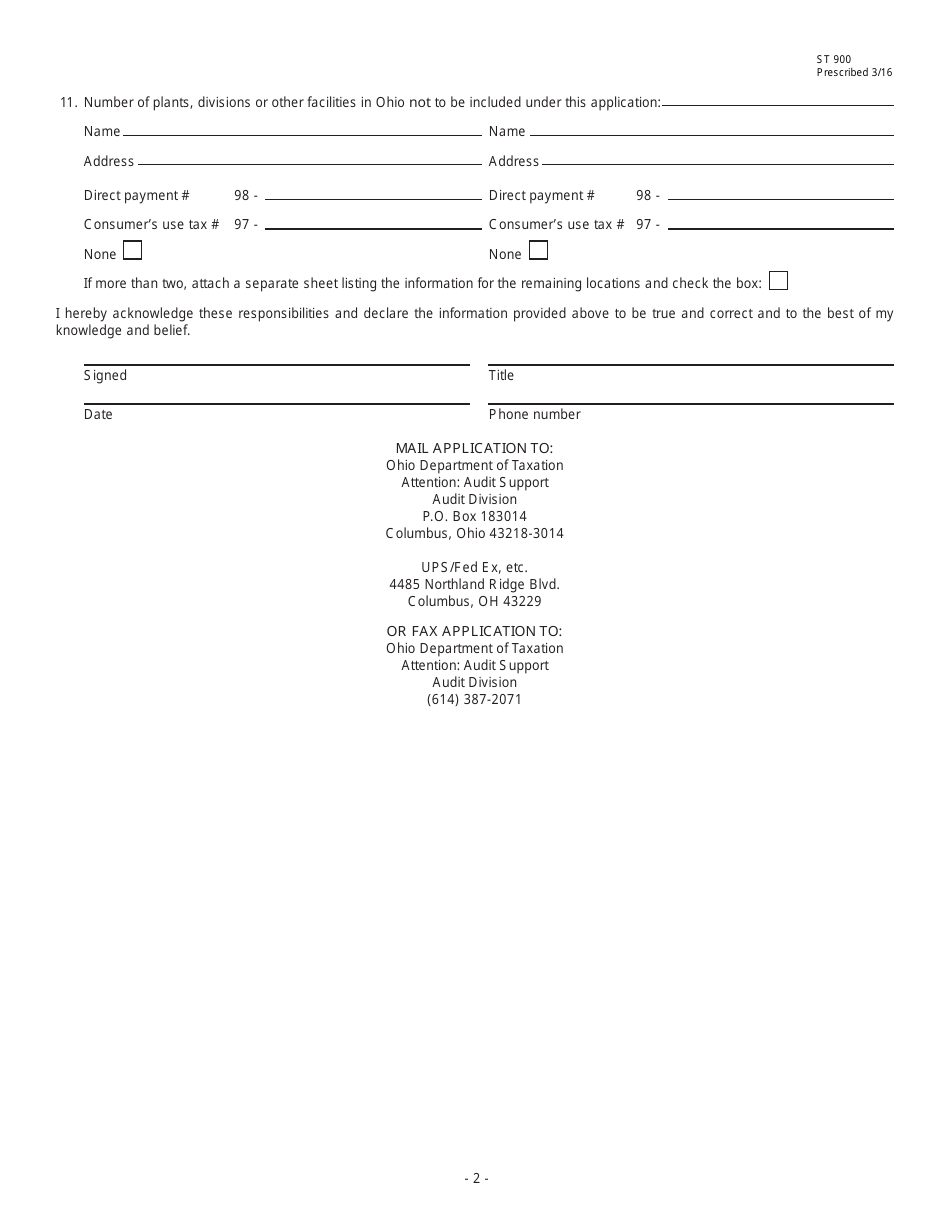 Form ST900 Application for an Ohio Direct Payment Permit - Ohio, Page 2