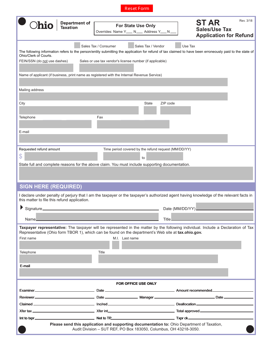 Form ST AR Application for Sales / Use Tax Refund - Ohio, Page 1