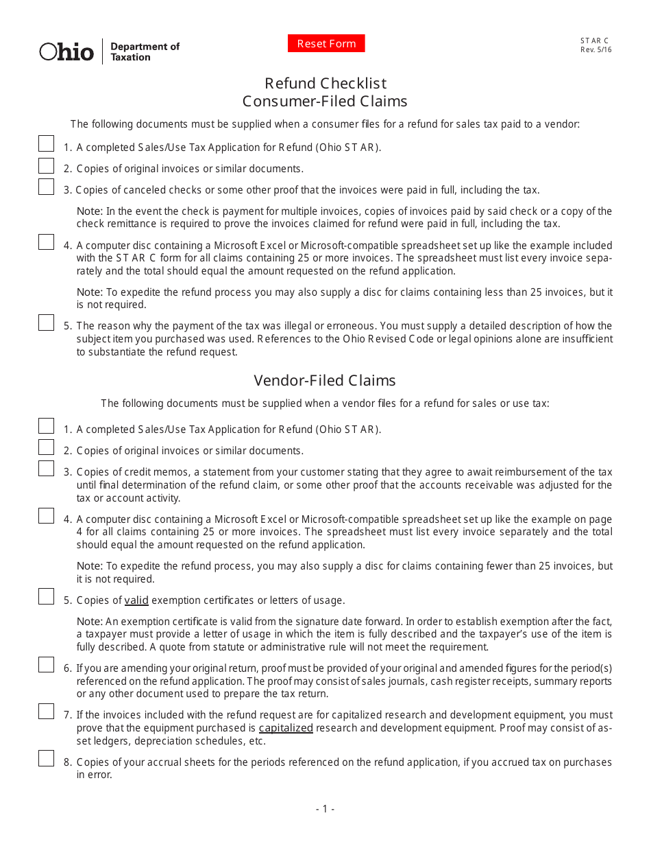 Form ST AR C Refund Checklist - Ohio, Page 1