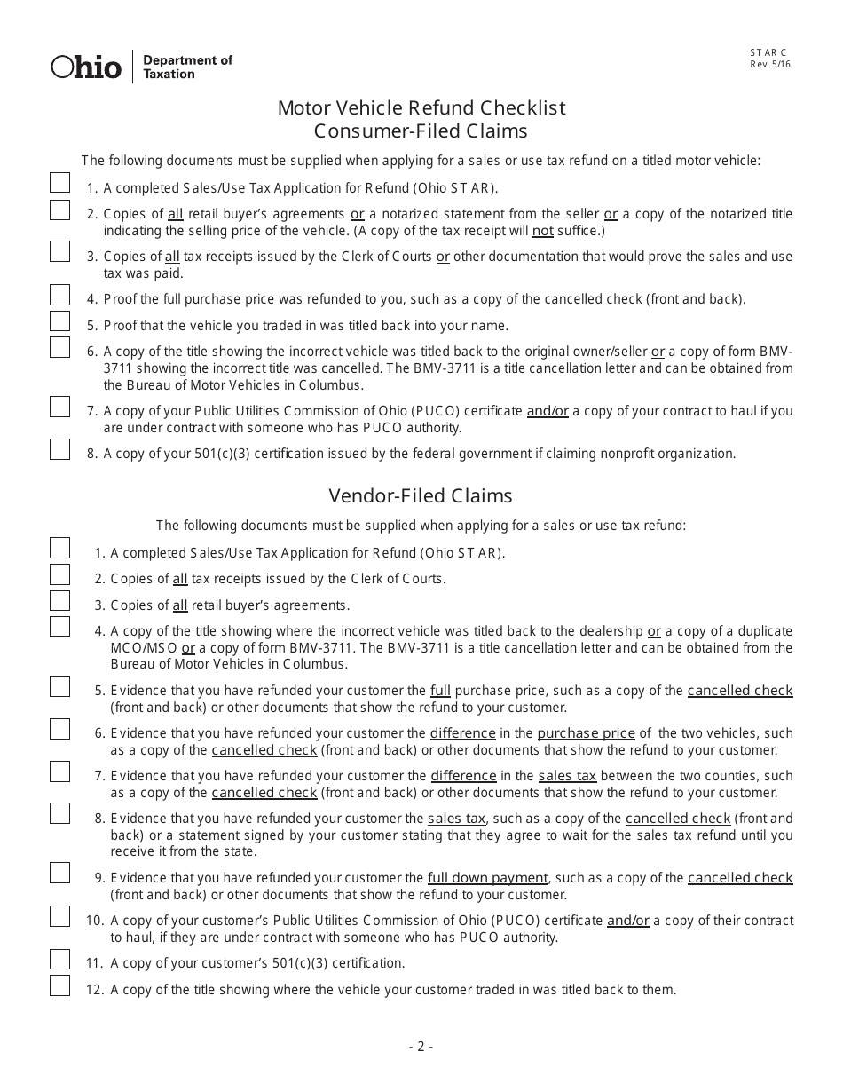 Form ST AR C Refund Checklist - Ohio, Page 2