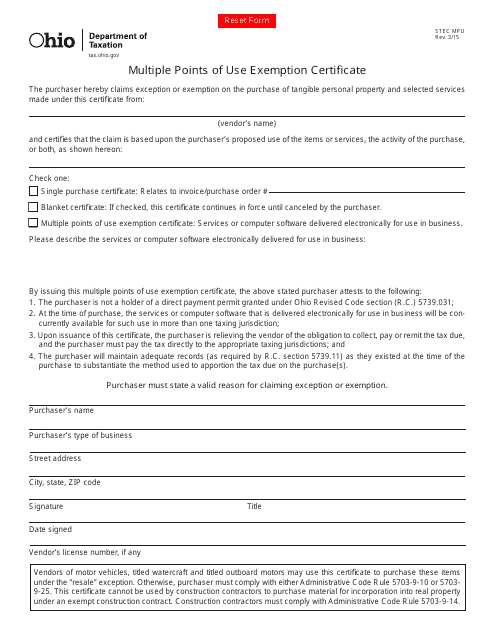 Form STEC MPU Multiple Points of Use Exemption Certificate - Ohio