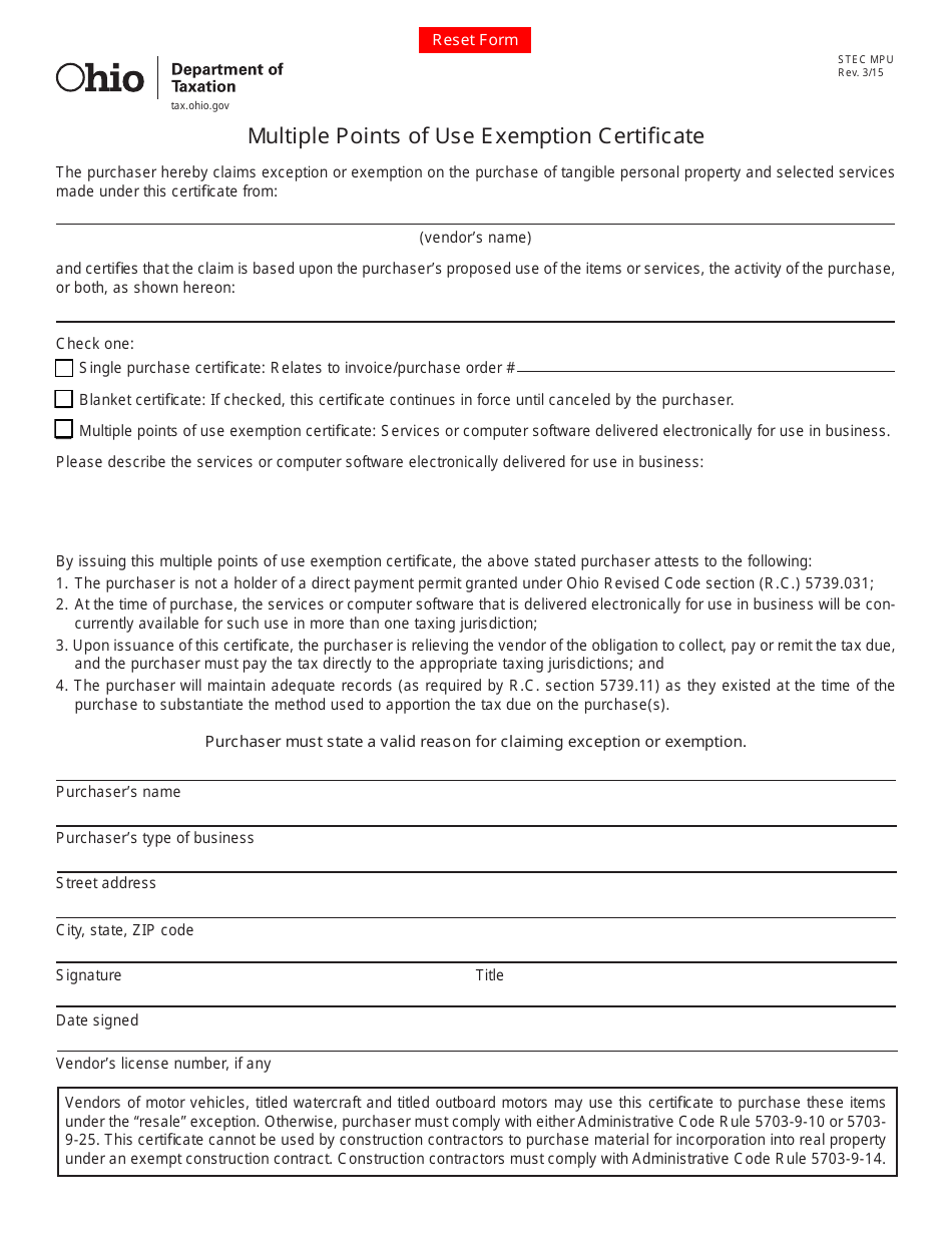 Form STEC MPU Multiple Points of Use Exemption Certificate - Ohio, Page 1