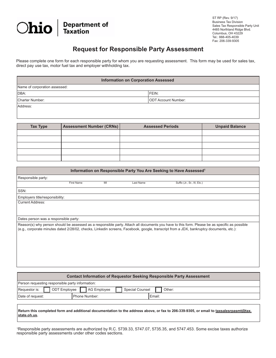 Form ST RP Request for Responsible Party Assessment - Ohio, Page 1