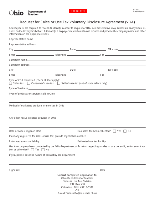 Form ST VDA Request for Sales or Use Tax Voluntary Disclosure Agreement (Vda) - Ohio